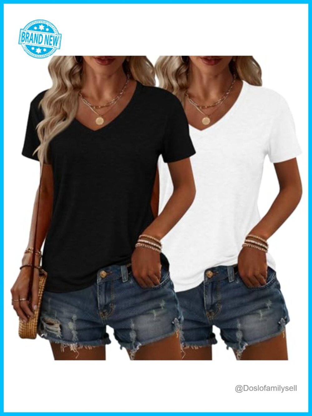 2 Pack Womens Summer Tops V Neck Short Sleeve Casual T Shirts